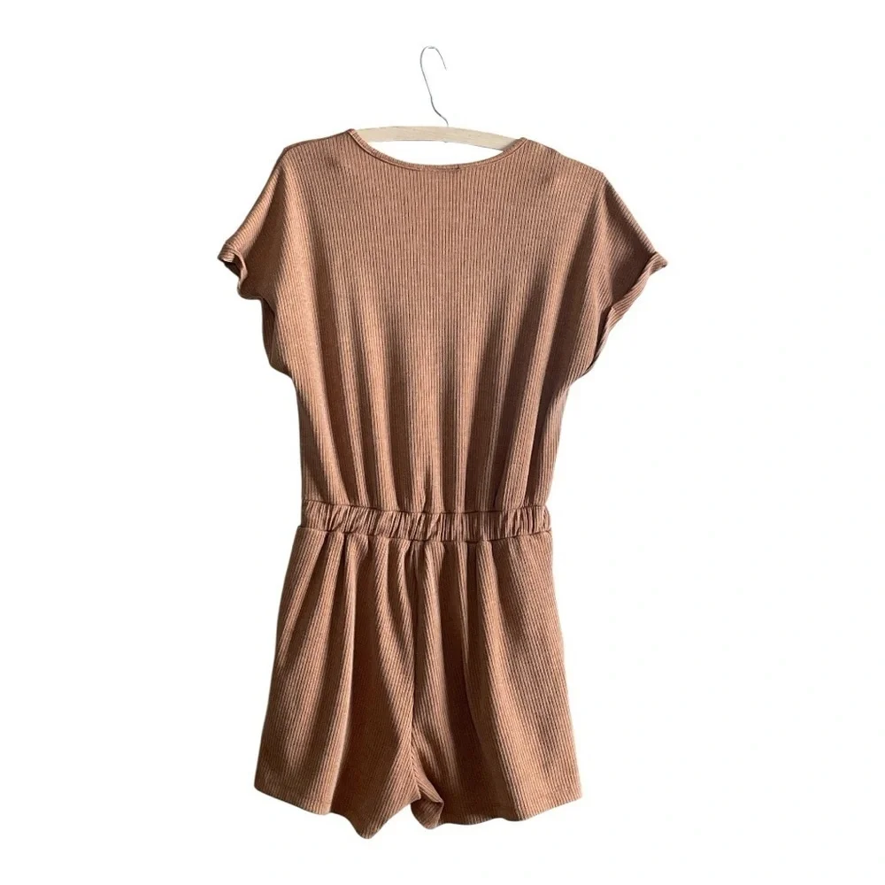 VICI Brown Ribbed Knit Short Sleeve Romper | Casual Drawstring Waist One-Piece